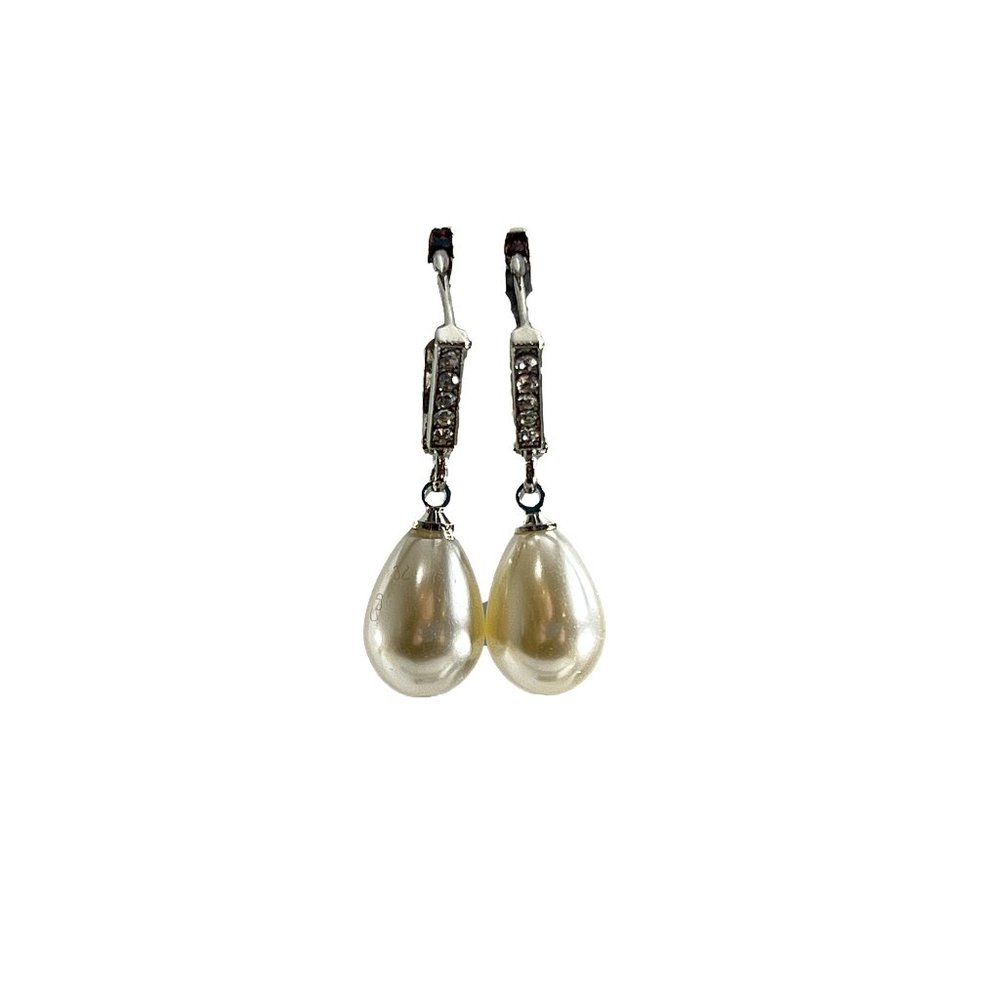 Marked S925 Silver Earrings Tear Drop Faux Pearl Rhinestones Leverback Dangle